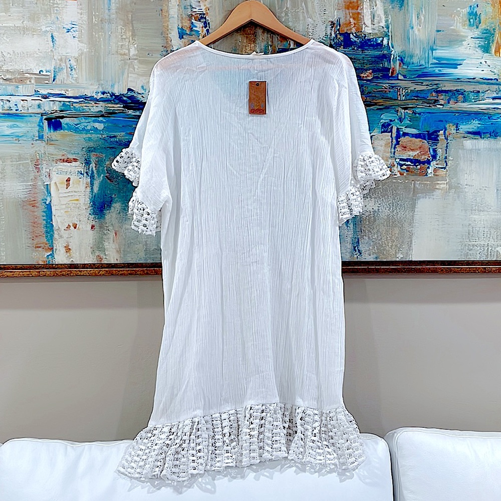 NWT Surf Gypsy crochet sleeve short sleeve cover up white cowrie tassels SHOPTAG - Picture 6 of 10